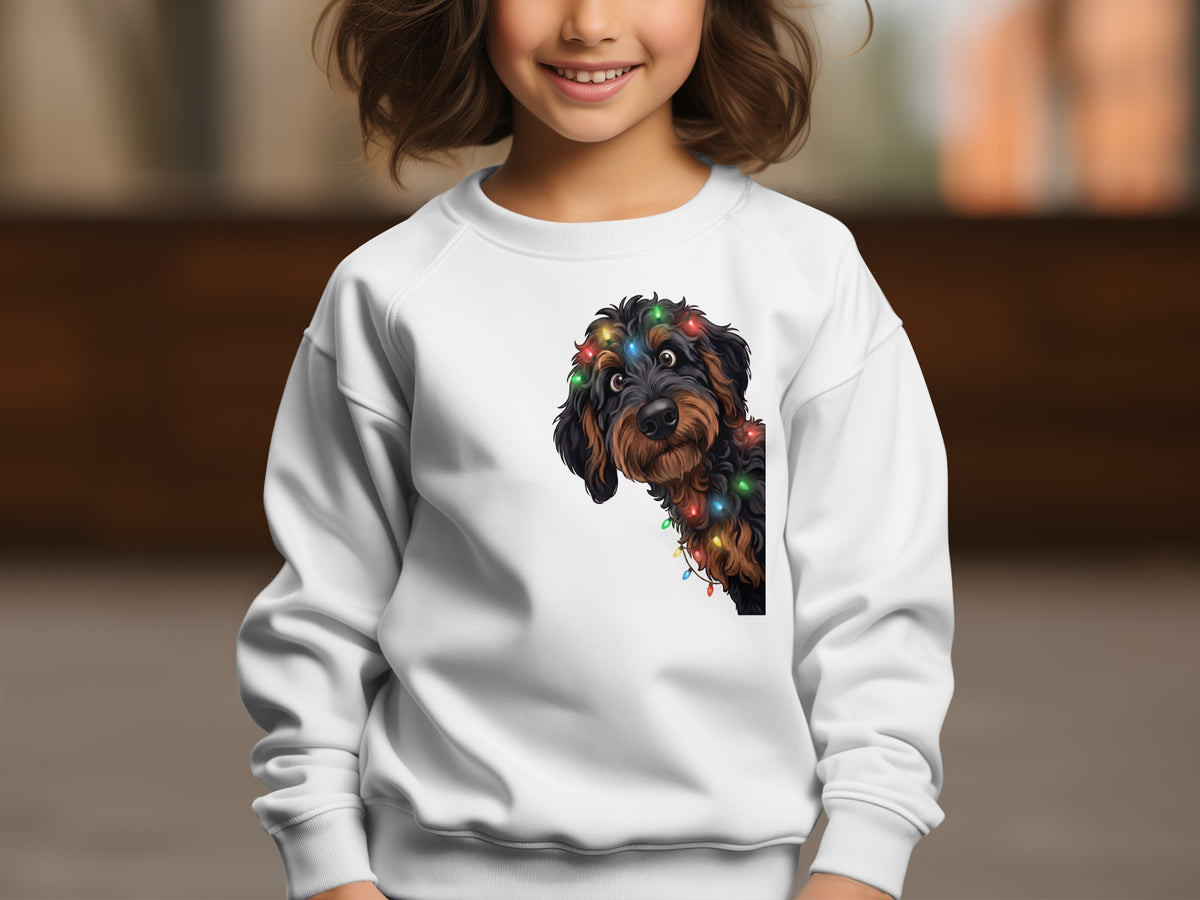 White sweatshirt with a black and tan dog wearing colorful holiday lights.