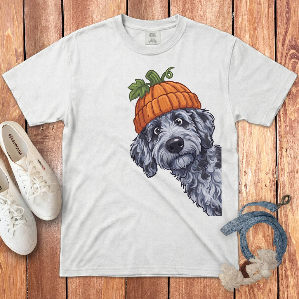 White t-shirt with a dog wearing a pumpkin hat illustration.