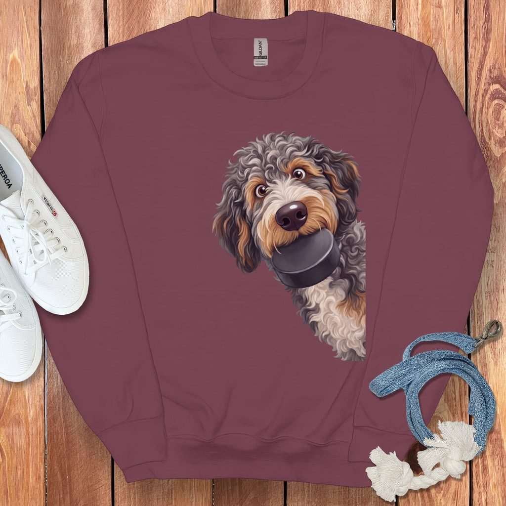 Aussiedoodle Hockey Puck Sweatshirt in Maroon / S by Puppy Jo
