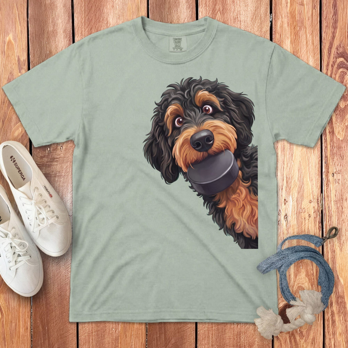 Phantom Goldendoodle Hockey Puck Signature T-Shirt in Bay / S by Puppy Jo