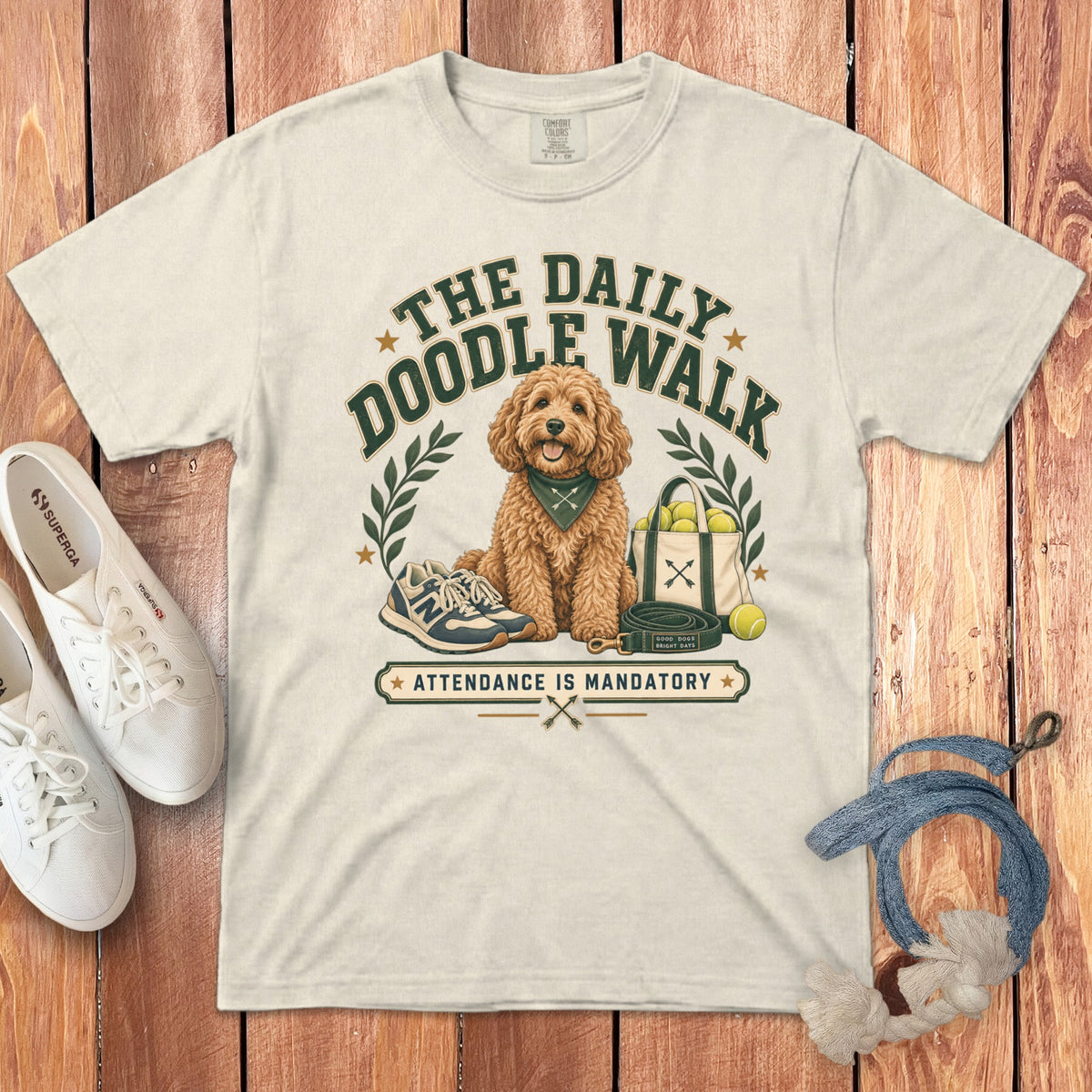 Cream t-shirt with "The Daily Doodle Walk" and dog graphic.