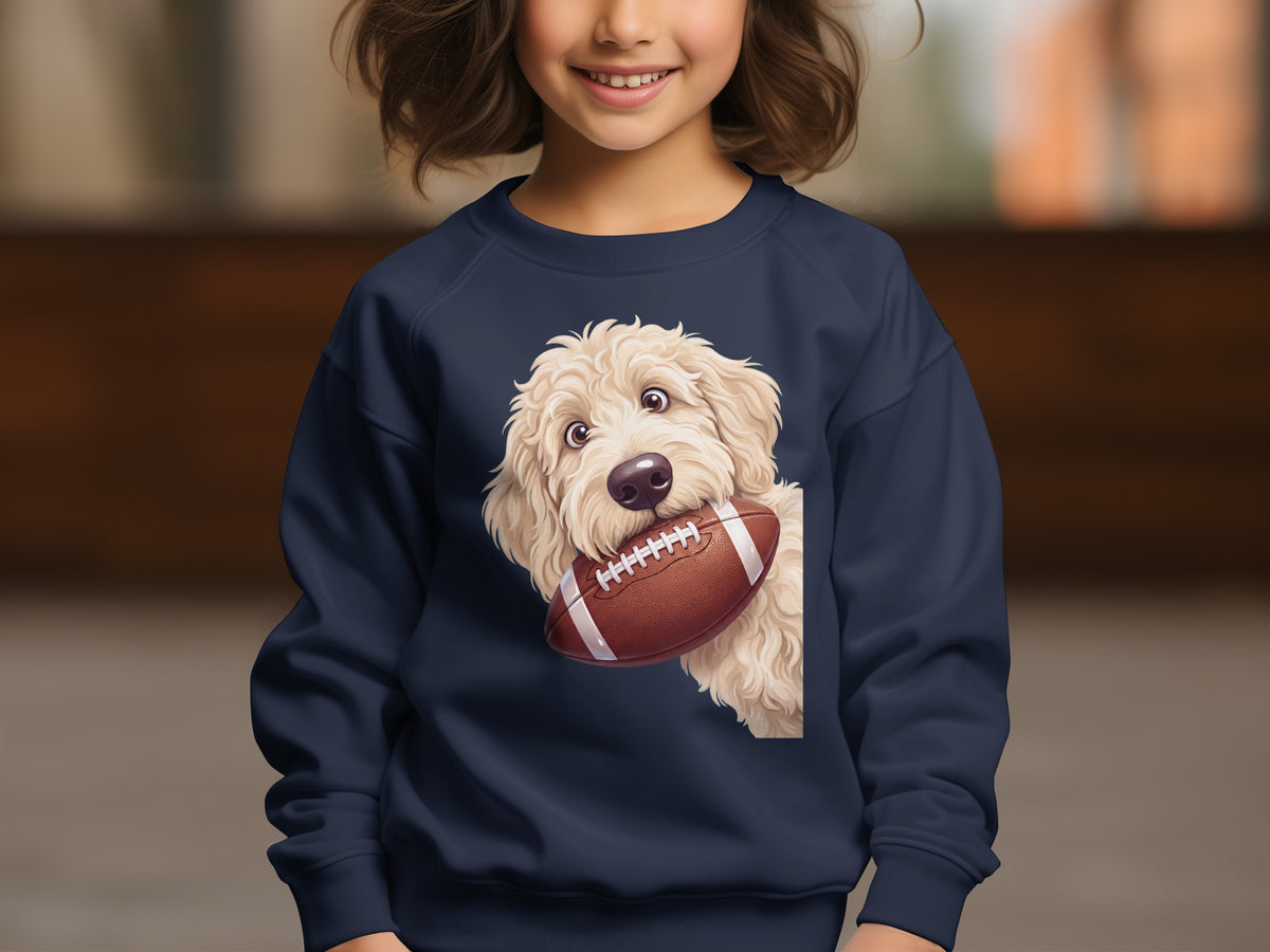 Navy sweatshirt with a fluffy dog holding a football graphic.
