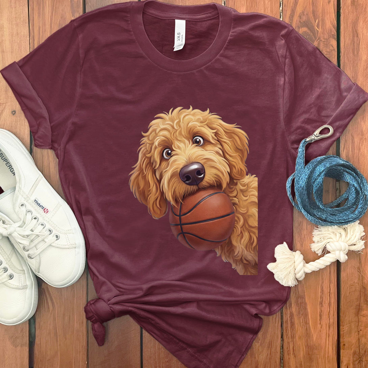 Apricot Goldendoodle Basketball T-Shirt in Maroon / S by Puppy Jo
