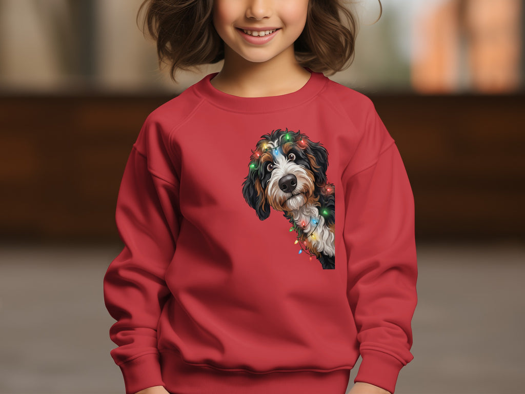 Red sweatshirt with Bernese Mountain Dog wearing colorful Christmas lights graphic.