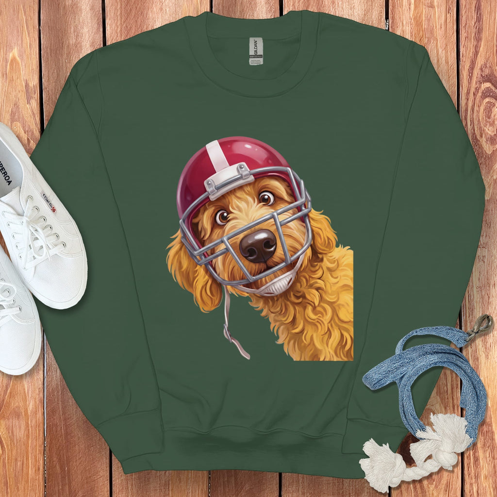 Golden Goldendoodle Football Helmet Sweatshirt in Forest Green / S by Puppy Jo