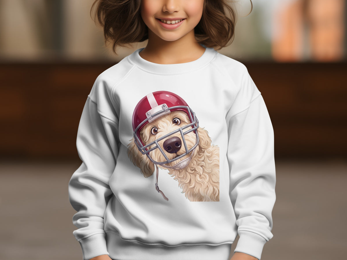 White sweatshirt with illustration of a golden doodle wearing a red football helmet.