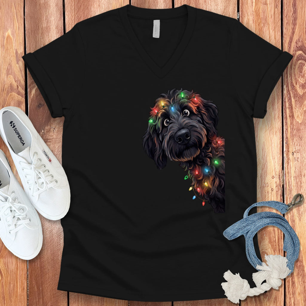 Peeking Black Goldendoodle Holiday V-Neck T-Shirt in Black / S by Puppy Jo