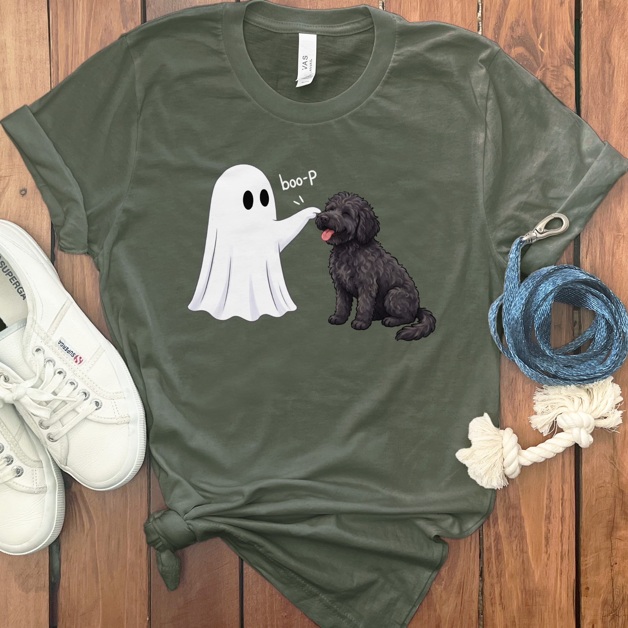 Black Goldendoodle Ghost Boop T-Shirt in M / Military Green by Puppy Jo