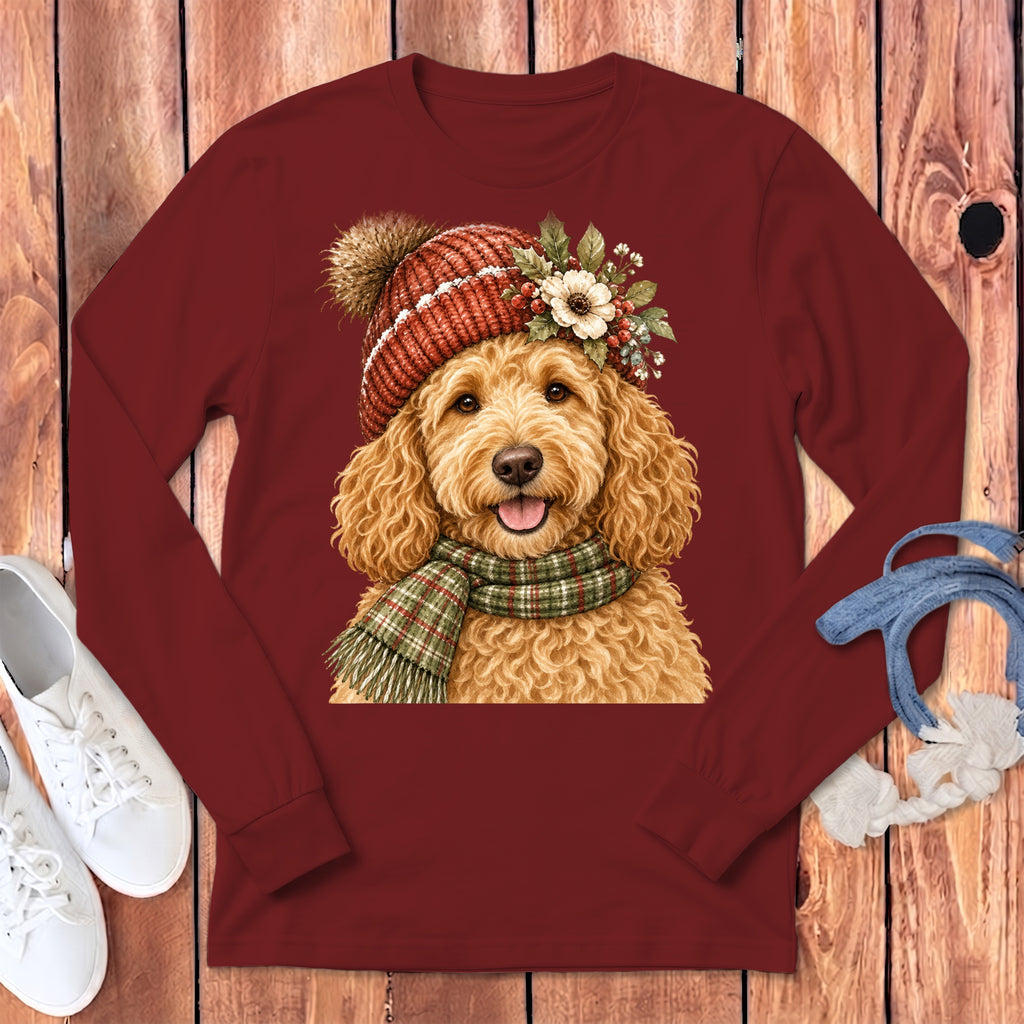 Maroon long-sleeve shirt with a golden doodle wearing a winter hat and scarf graphic.
