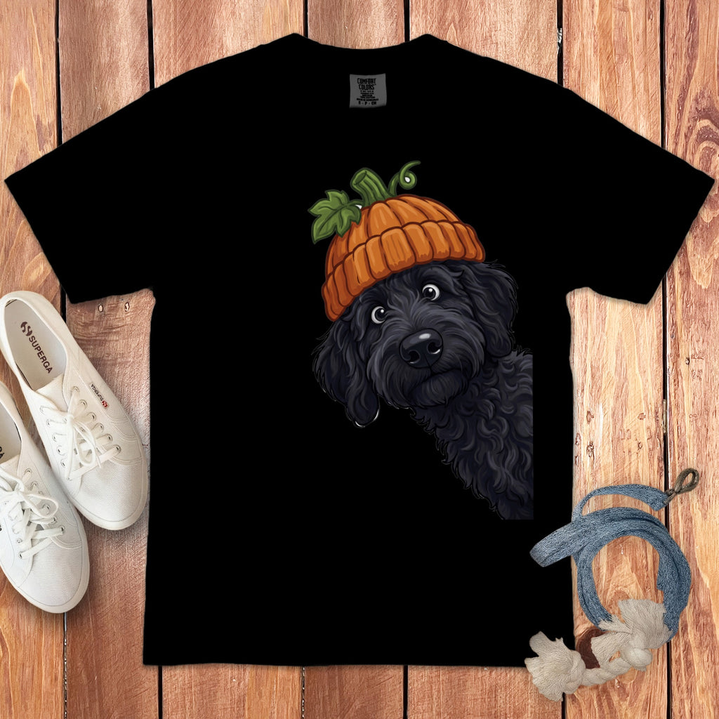 Black t-shirt with a black dog wearing a pumpkin hat illustration.