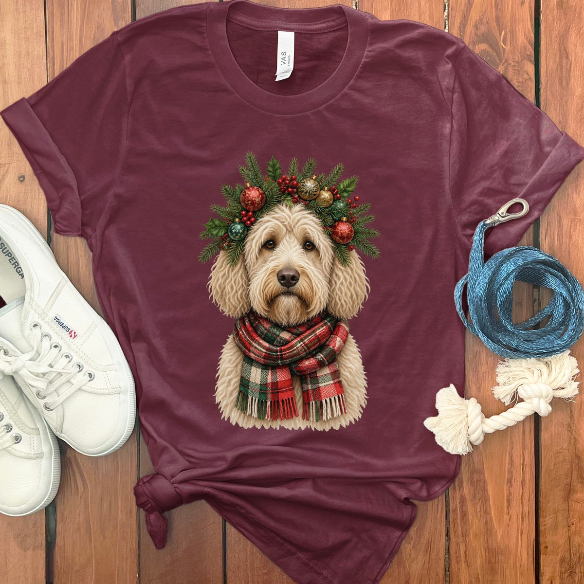 Cream Goldendoodle Holiday Crown T-Shirt in Maroon / S by Puppy Jo