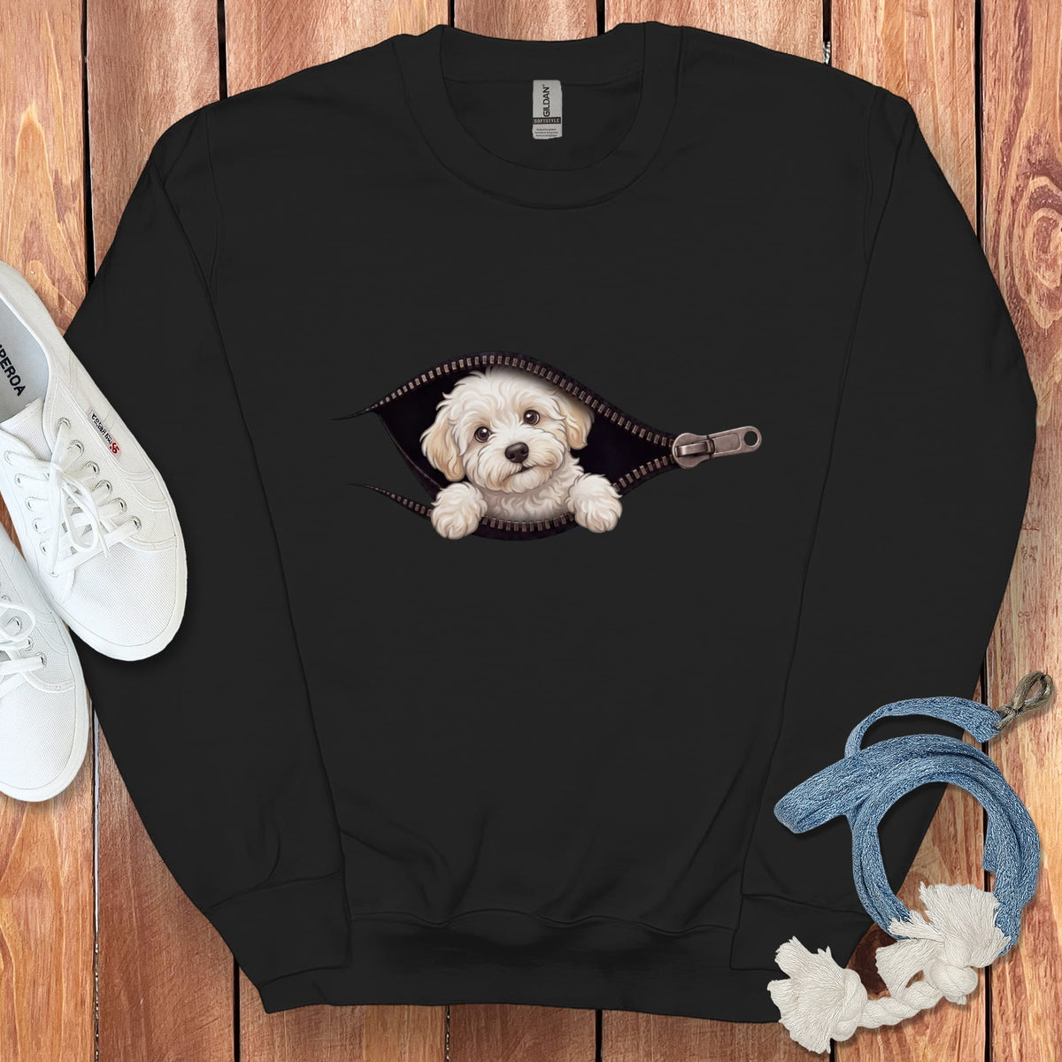 Maltipoo Peeking Zipper Sweatshirt in Black / S by Puppy Jo