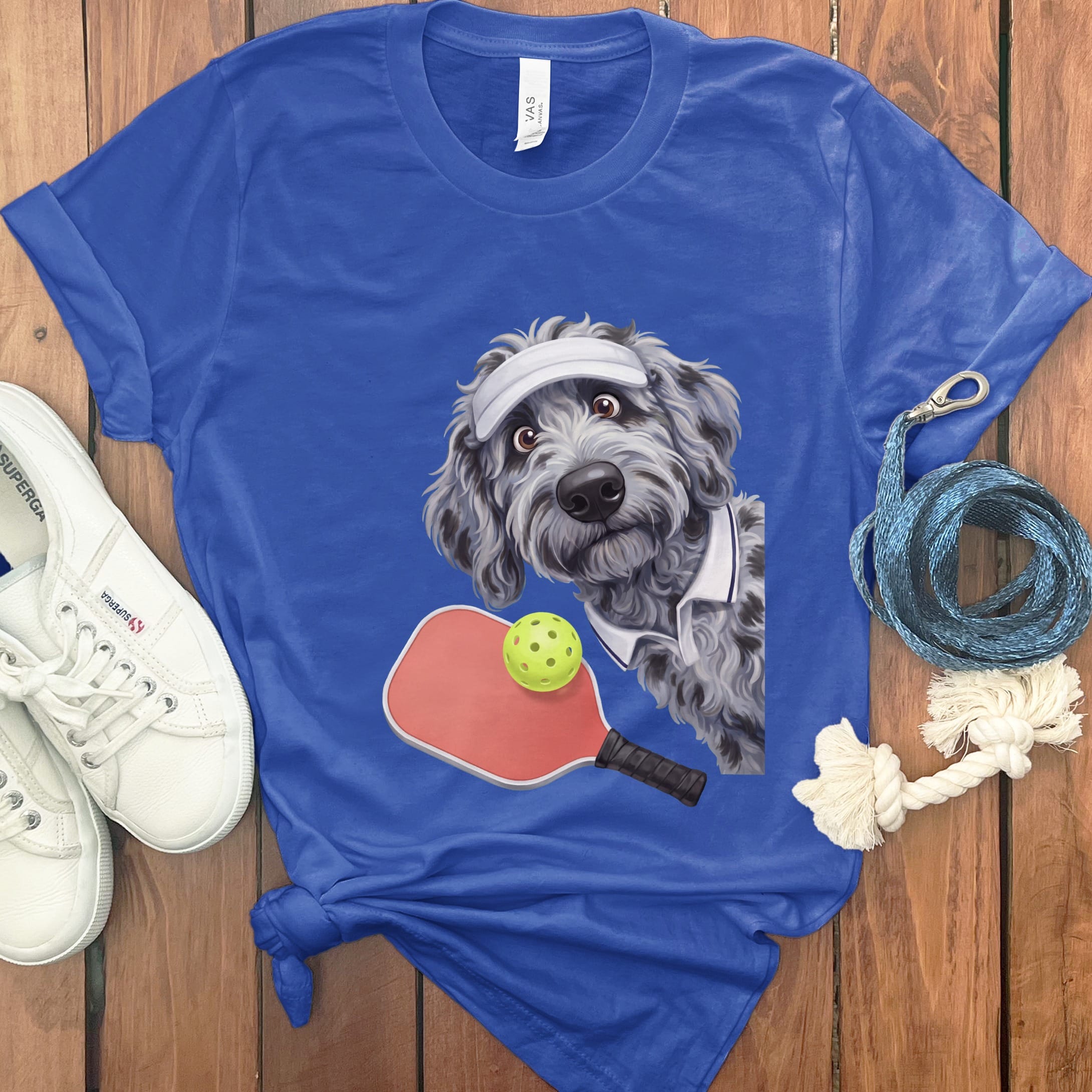 Merle Goldendoodle Pickleball Player T-Shirt in True Royal / S by Puppy Jo