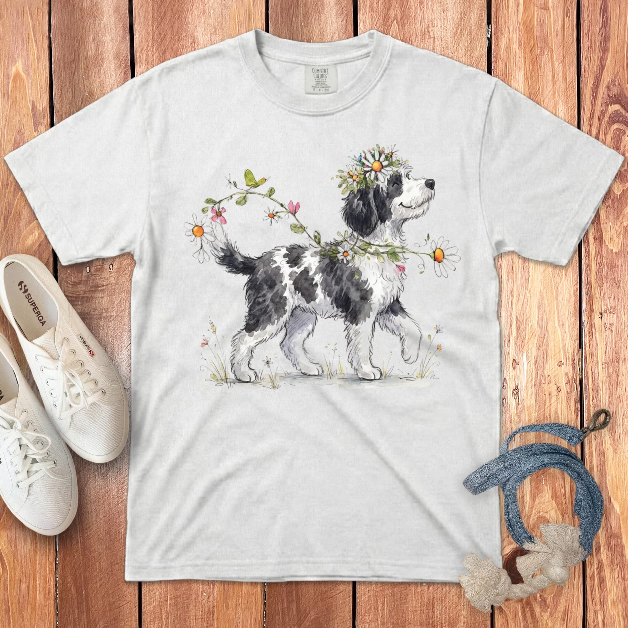 White t-shirt with watercolor illustration of a happy dog wearing a flower crown.