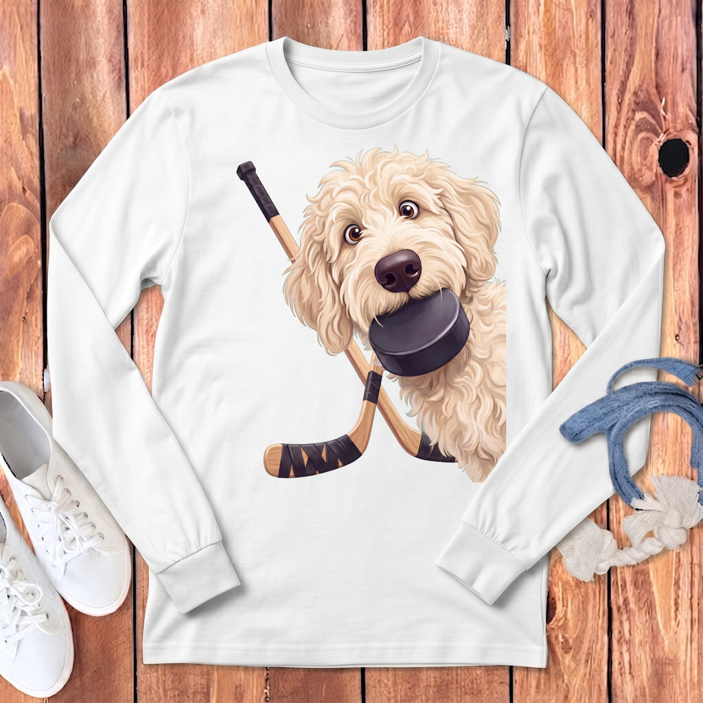 Cream Goldendoodle Hockey Long Sleeve T-Shirt in White / S by Puppy Jo