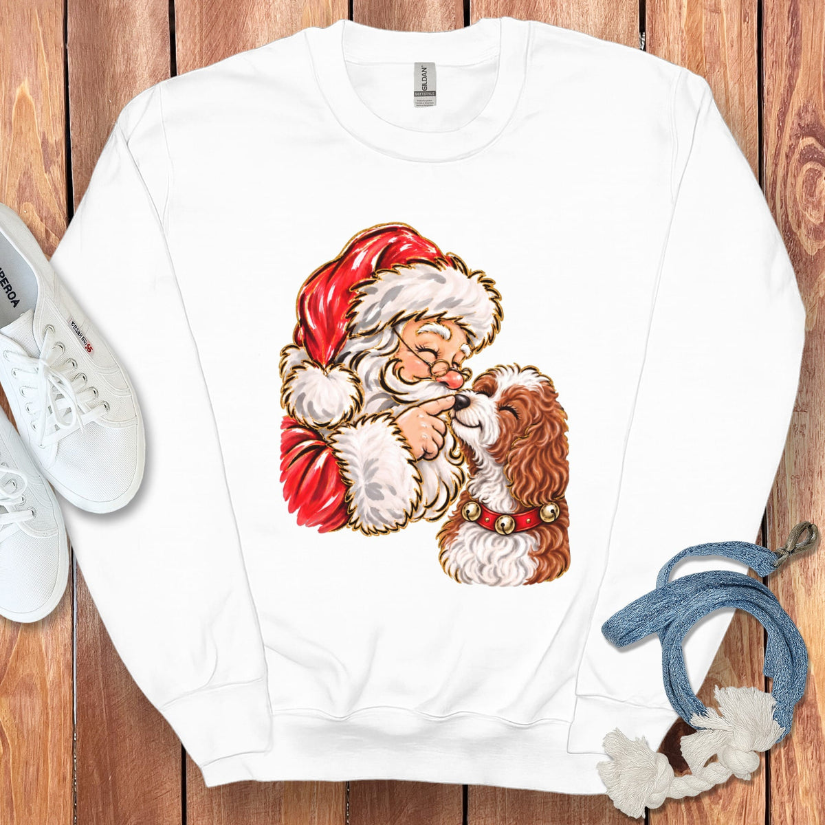 Cavapoo Santa Kiss Sweatshirt in White / S by Puppy Jo