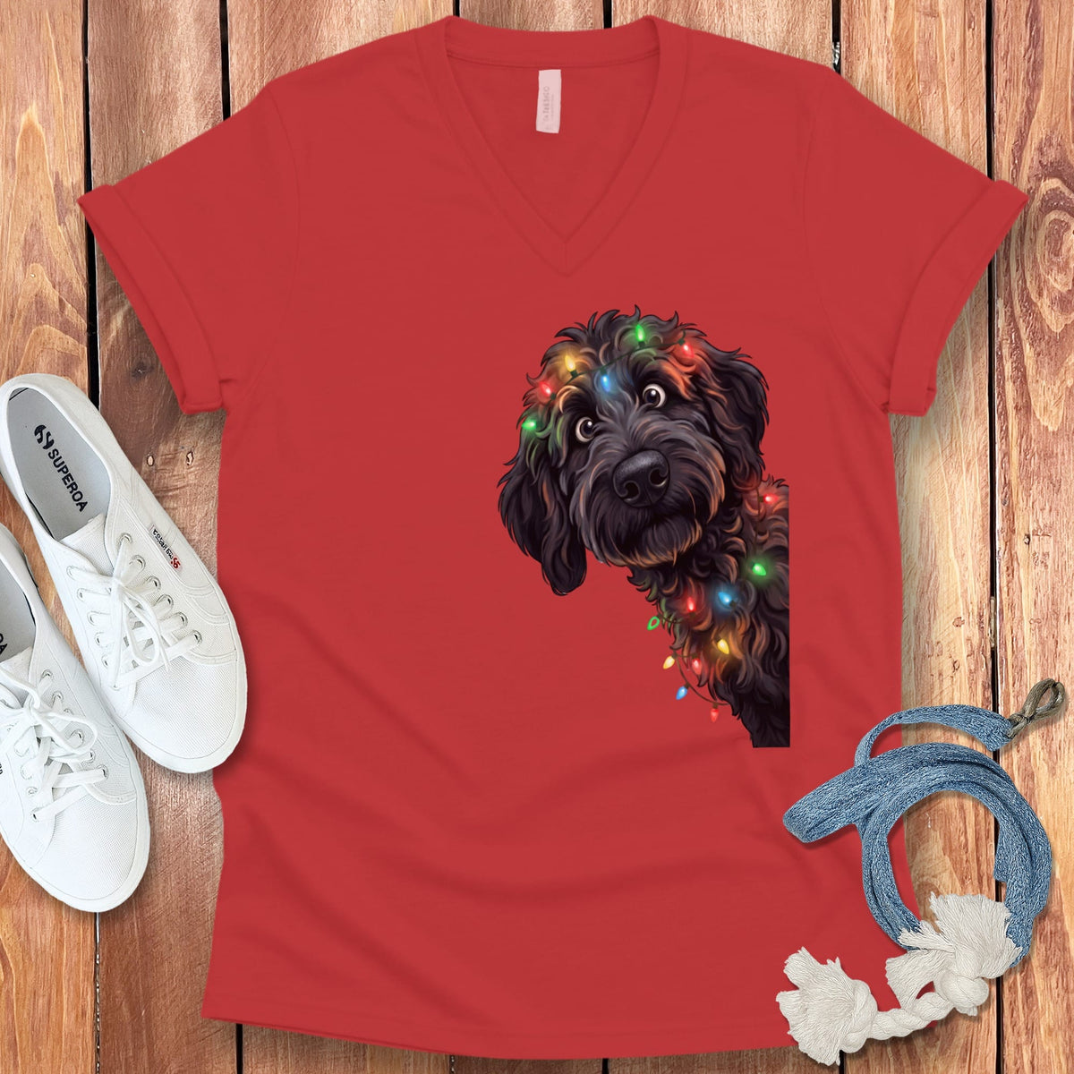 Peeking Black Goldendoodle Holiday V-Neck T-Shirt in Red / S by Puppy Jo