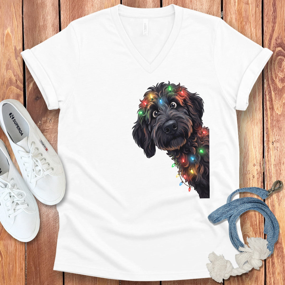 Peeking Black Goldendoodle Holiday V-Neck T-Shirt in White / S by Puppy Jo