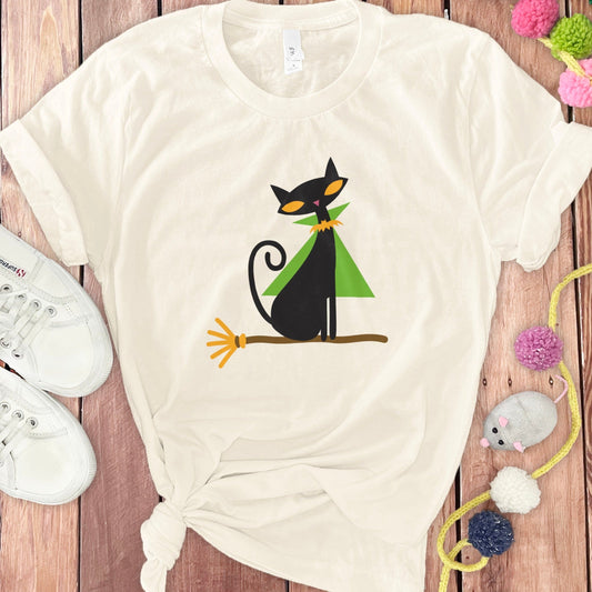 Unique Black Cat with Witch Hat Design Shirt product type