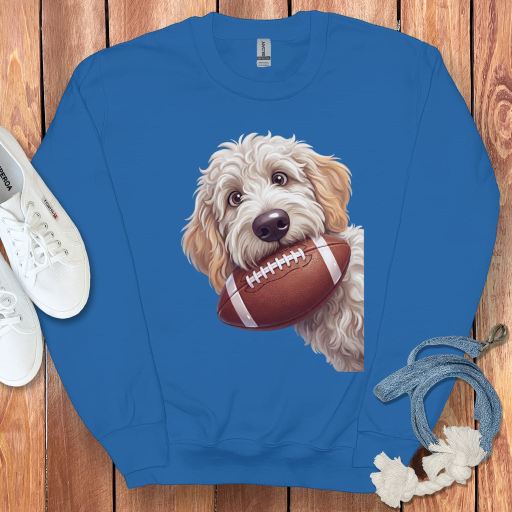 Blue crewneck sweatshirt featuring a doodle dog holding a football.