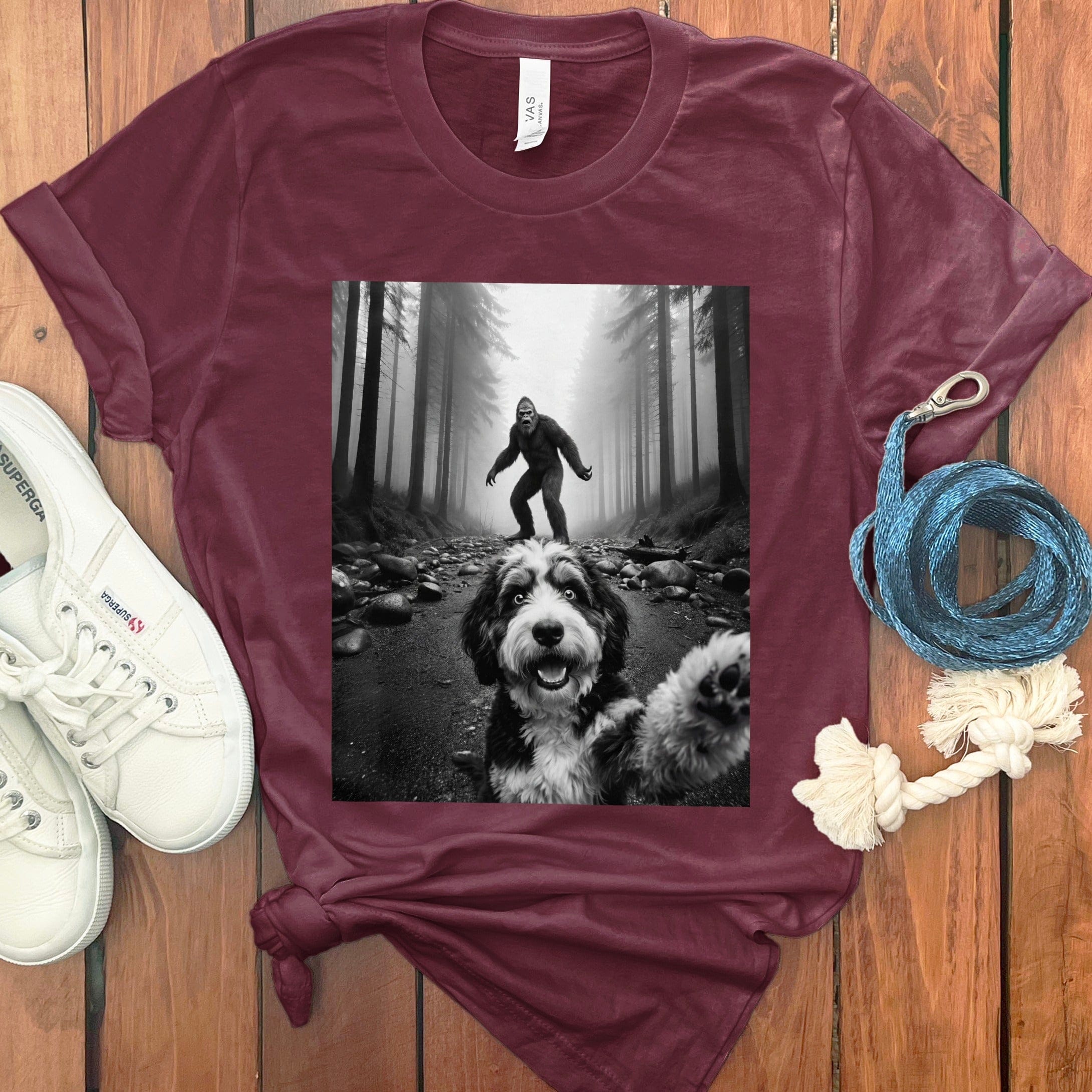 Person Hiking with Dog in Misty Forest T-Shirt
