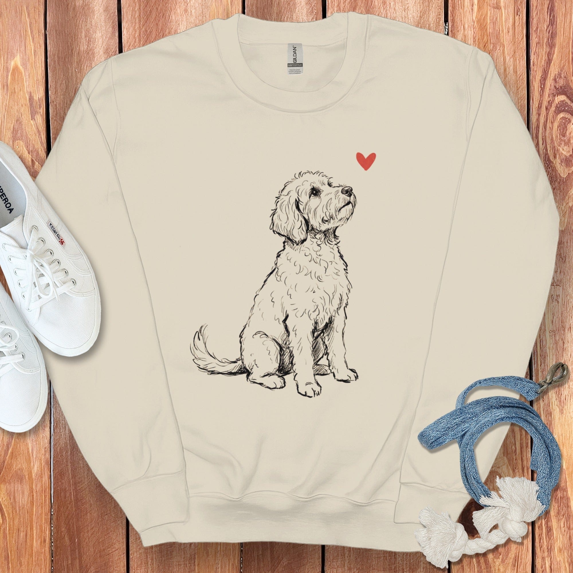 Cute Dog and Heart Sketch Graphic on Beige Sweatshirt