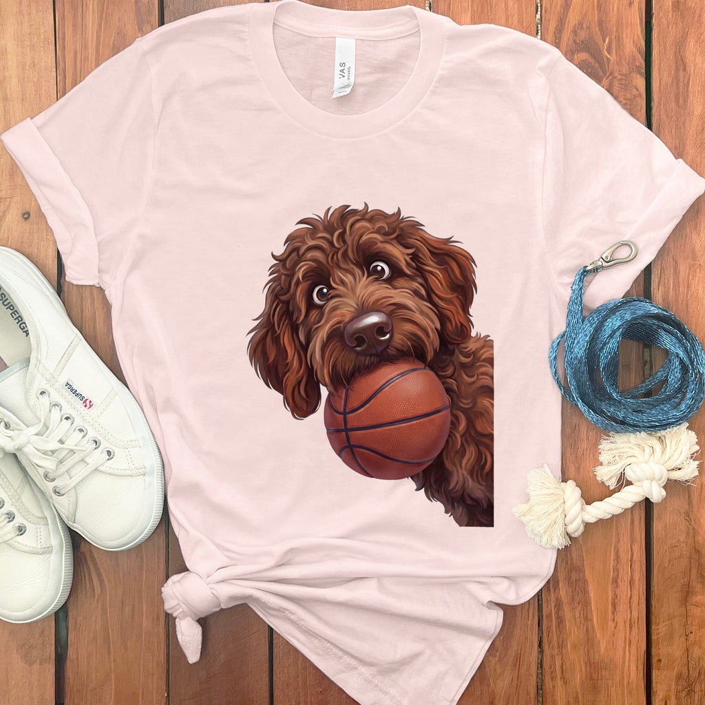 Chocolate Goldendoodle Basketball T-Shirt in Soft Pink / S by Puppy Jo