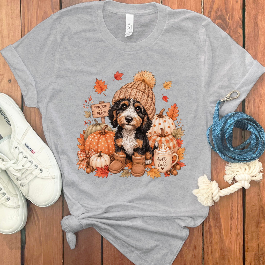 Bernedoodle Pumpkin Patch T-Shirt in Athletic Heather / S by Puppy Jo