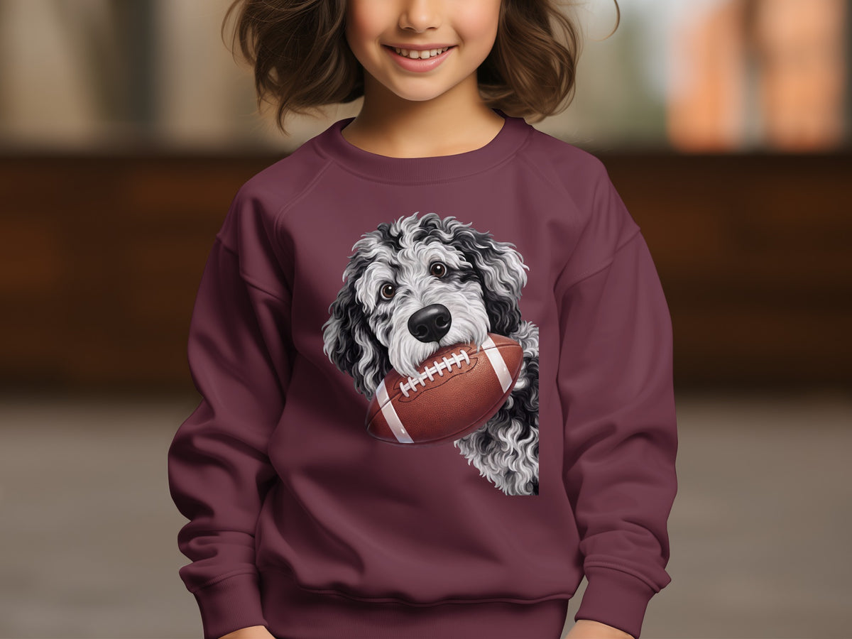 Maroon sweatshirt on a child featuring a doodle dog holding a football illustration.
