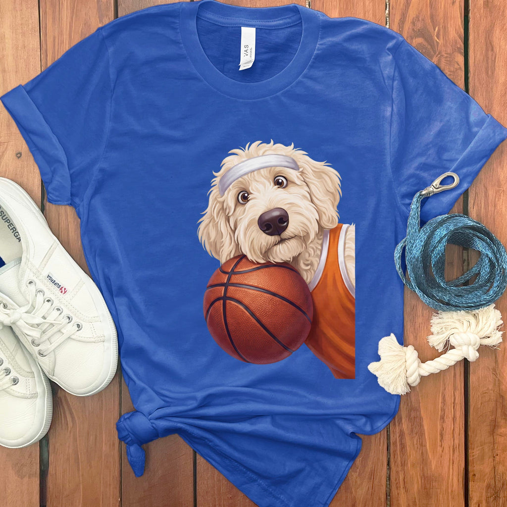 Cream Goldendoodle Basketball Player T-Shirt in True Royal / S by Puppy Jo