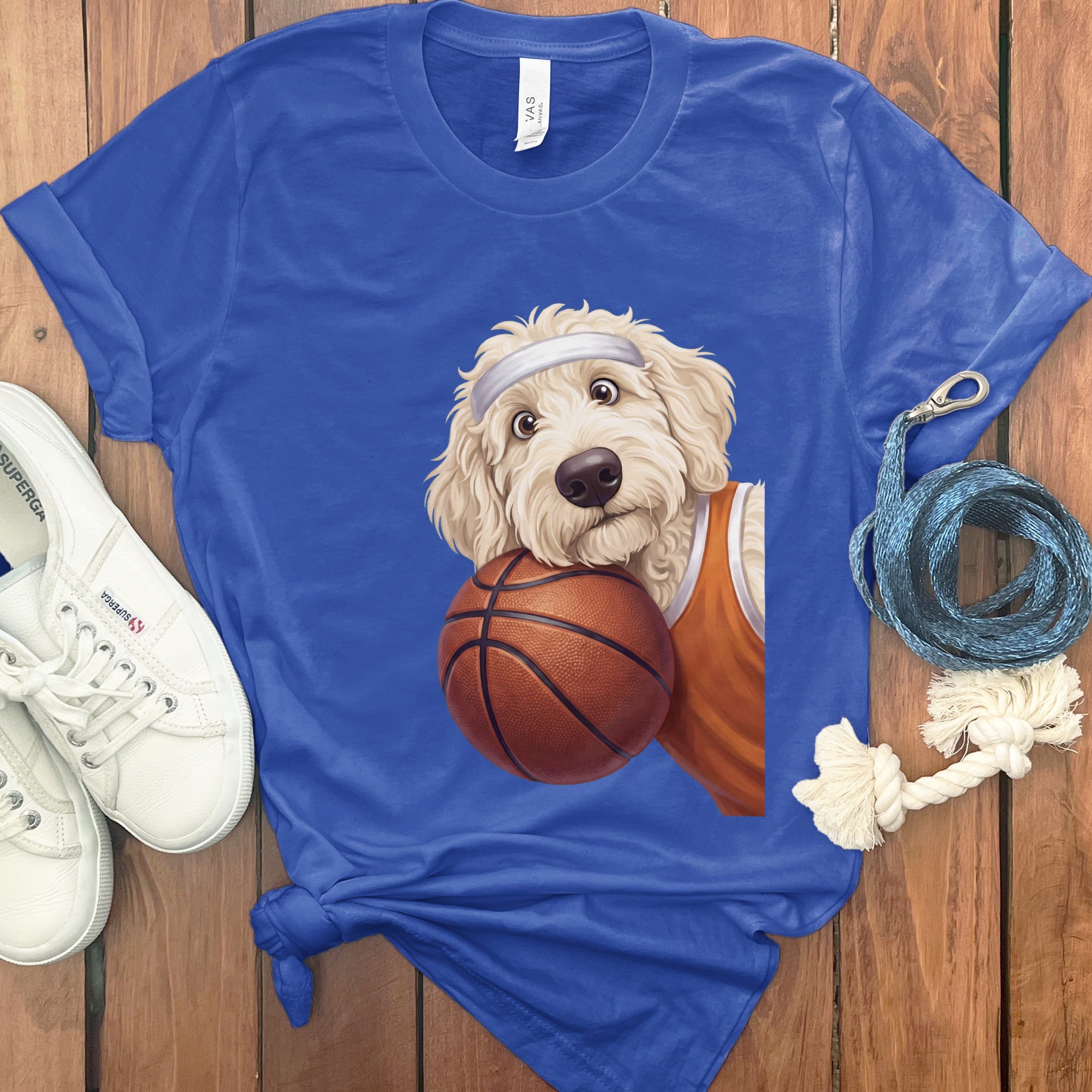 Cream Goldendoodle Basketball Player T-Shirt in True Royal / S by Puppy Jo