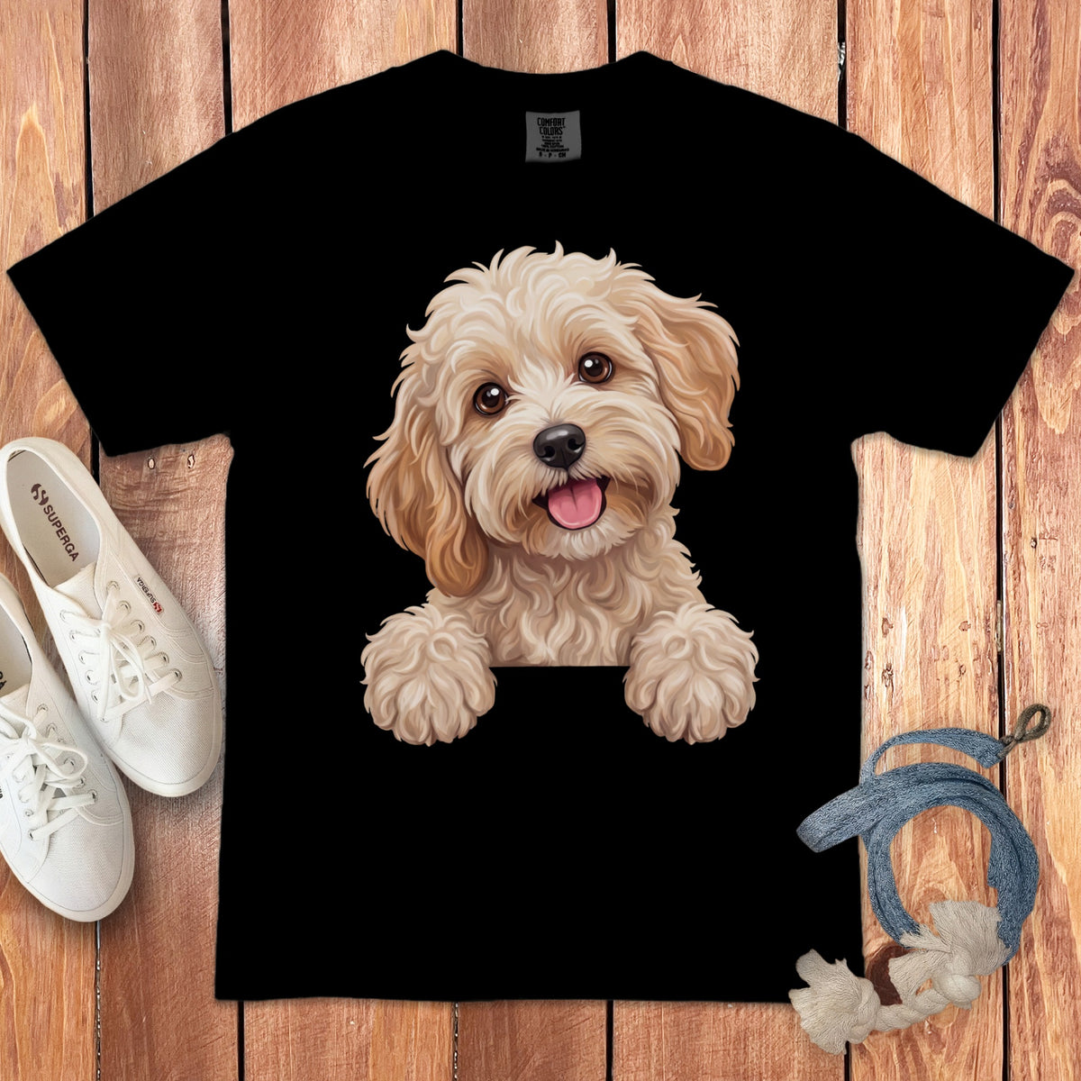 Black t-shirt with a playful illustration of a light brown dog.