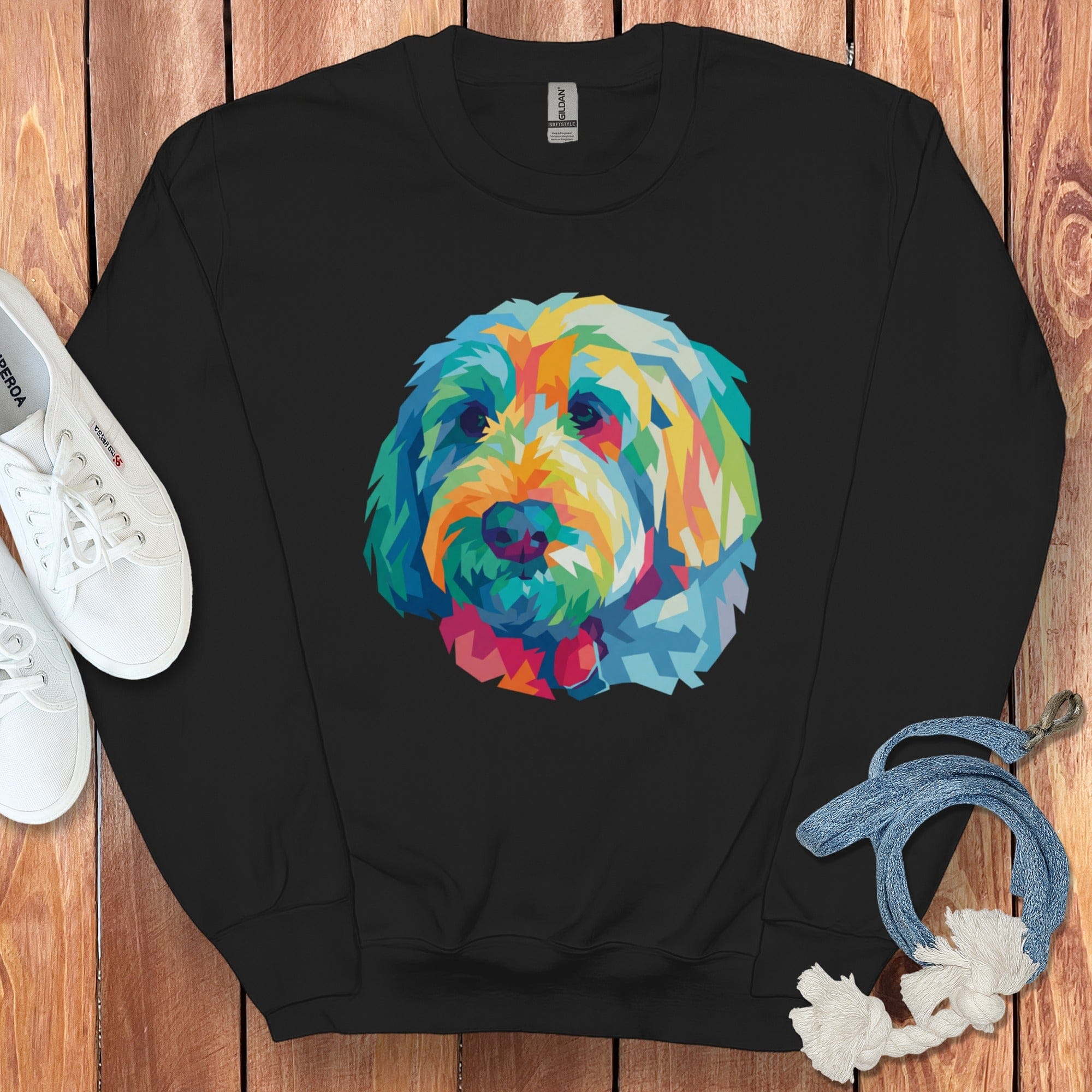 Colorful Geometric Dog Graphic Black Sweatshirt
