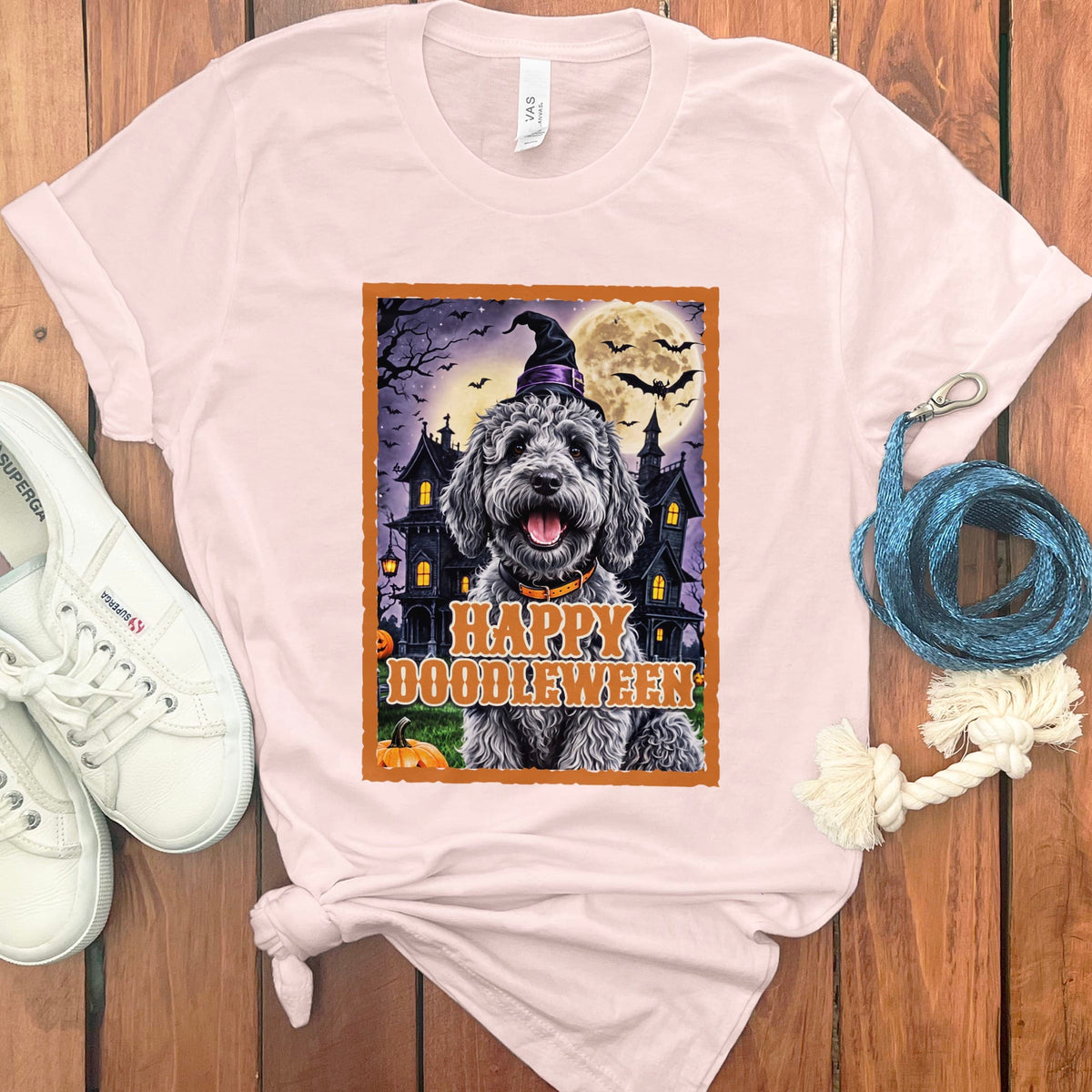 Merle Goldendoodle Happy Doodleween T-Shirt in Soft Pink / M by Puppy Jo