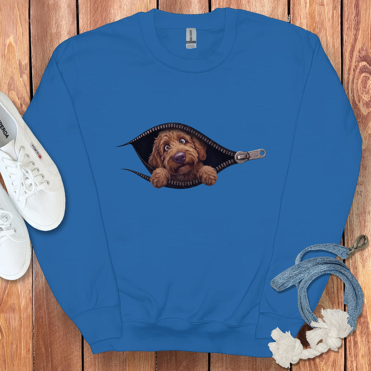Chocolate Goldendoodle Peeking Zipper Sweatshirt in Royal / S by Puppy Jo