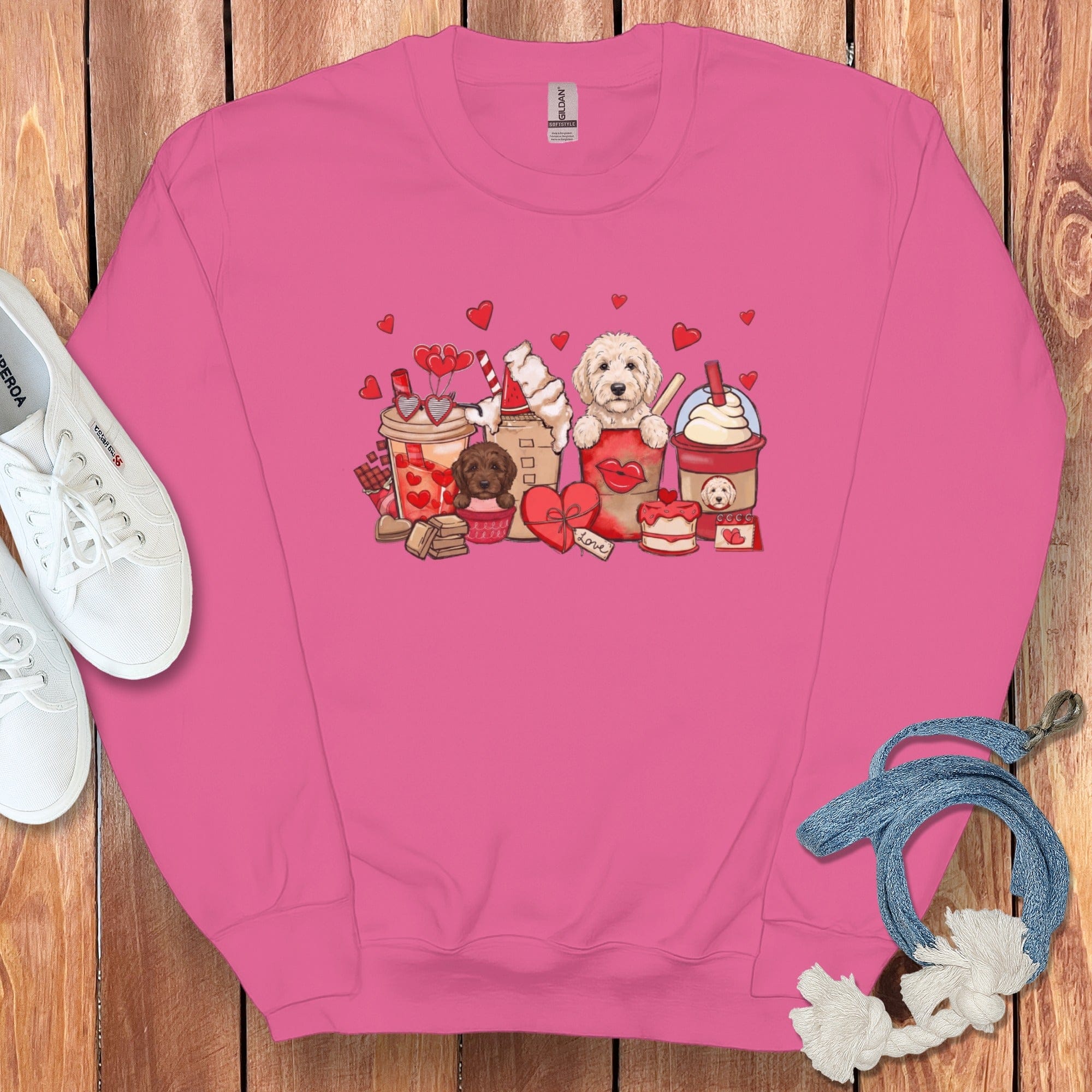 Valentine's Day Pink Sweatshirt with Dog and Desserts
