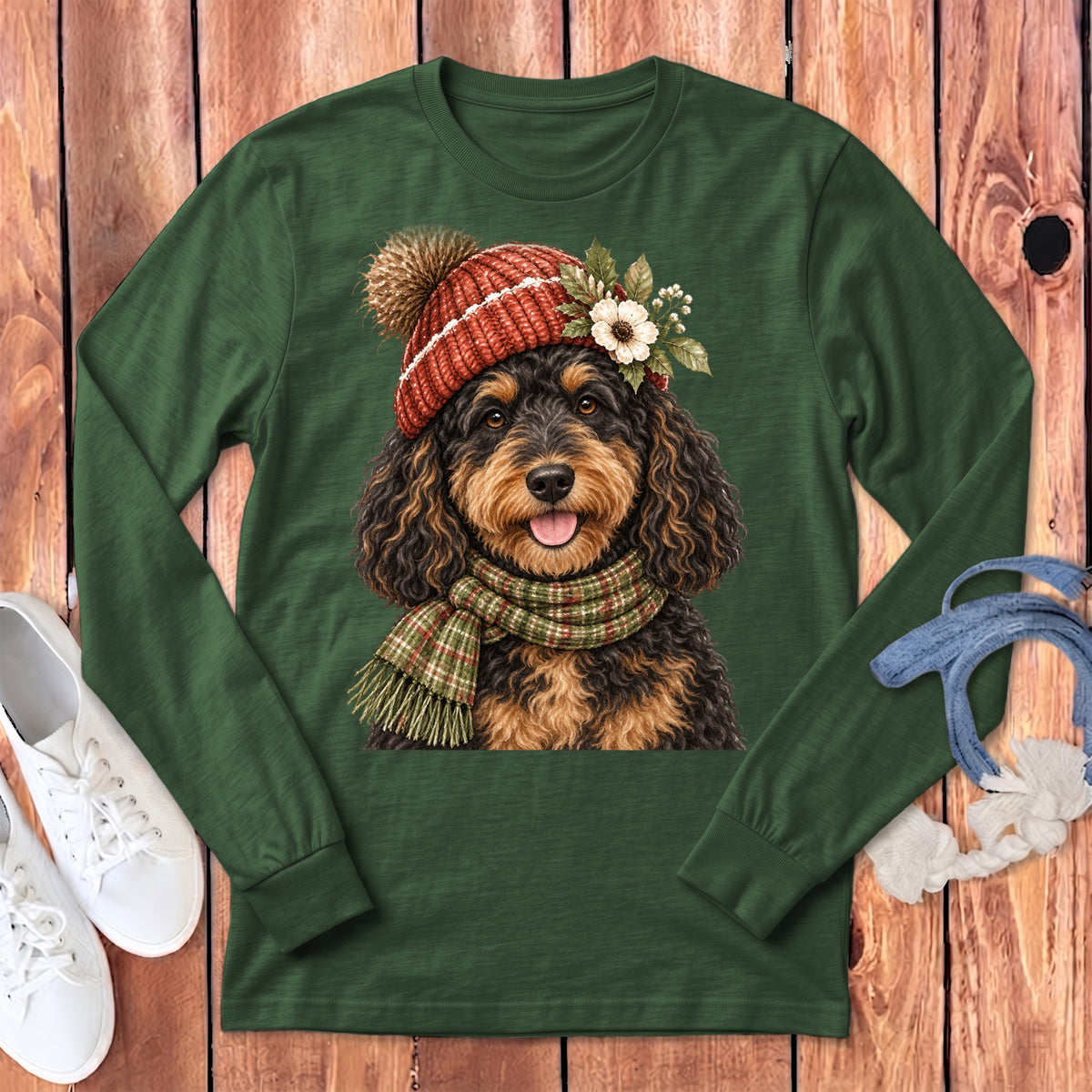 Green long sleeve shirt featuring a doodle dog wearing a beanie and scarf.