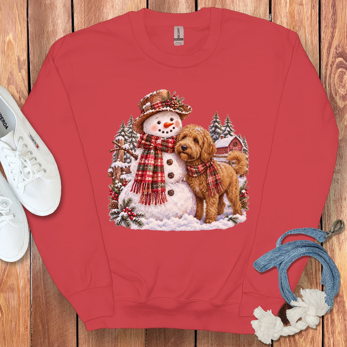 Apricot Goldendoodle Christmas Snowman Sweatshirt in Red / S by Puppy Jo