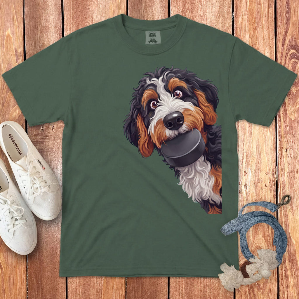 Bernedoodle Hockey Puck Signature T-Shirt in Blue Spruce / S by Puppy Jo
