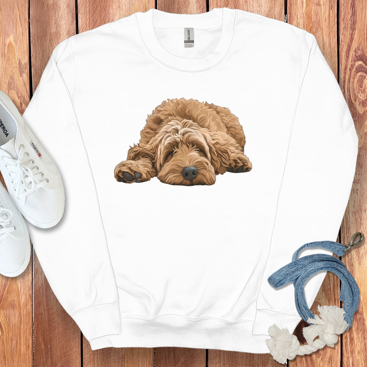 Apricot Goldendoodle Snoozing Sweatshirt in White / S by Puppy Jo
