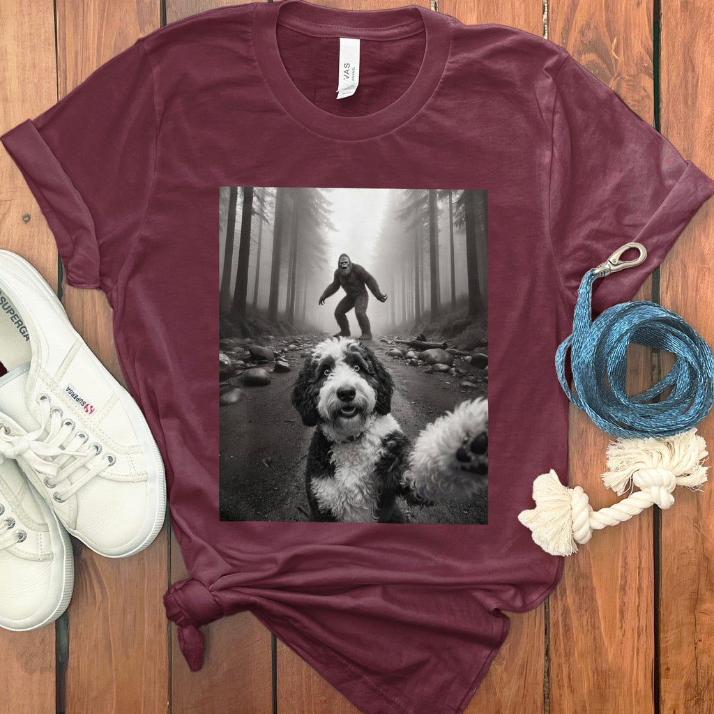 Playful Dog in Forest with Hiking Human Shirt