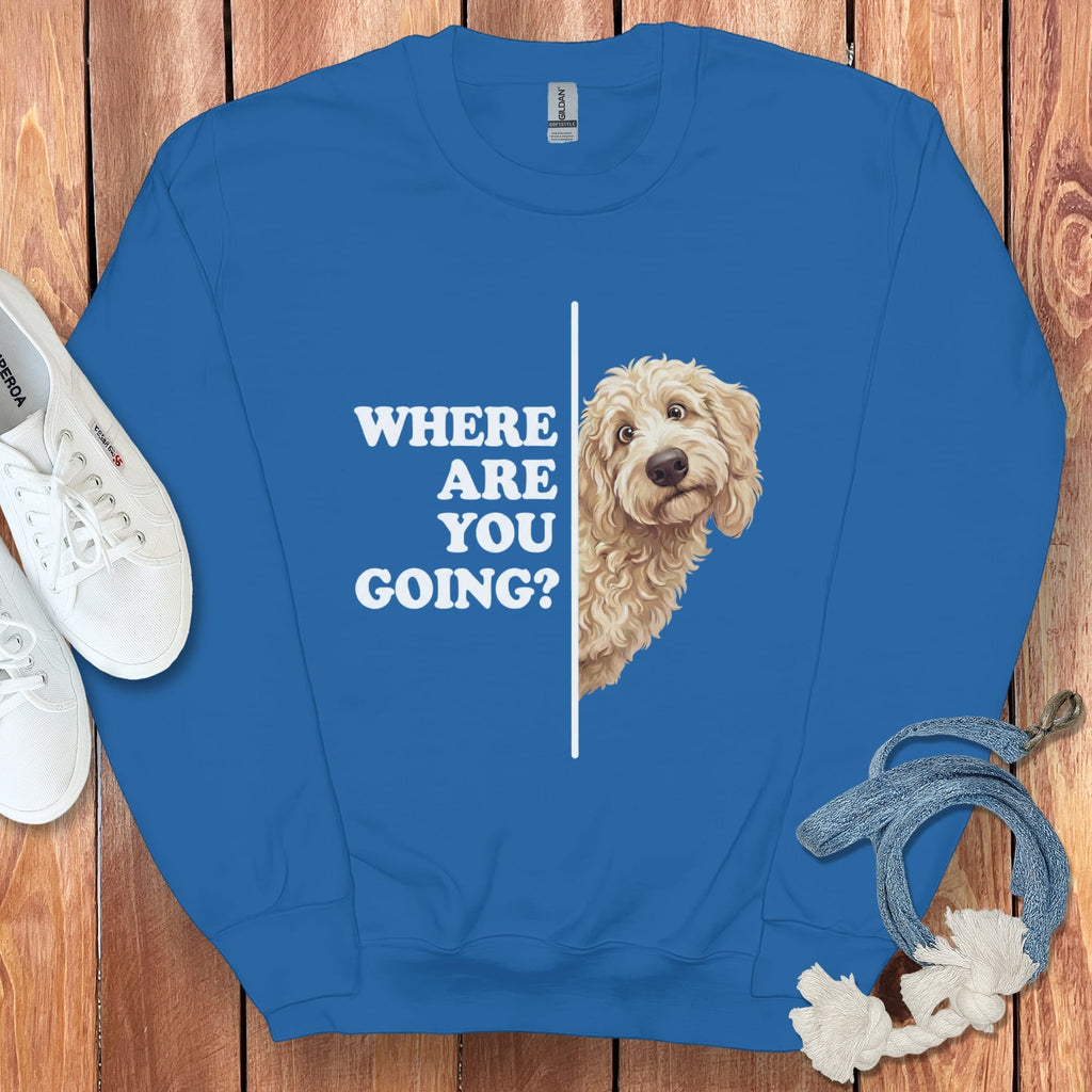 Where Going Cream Goldendoodle Sweatshirt in Royal / S by Puppy Jo