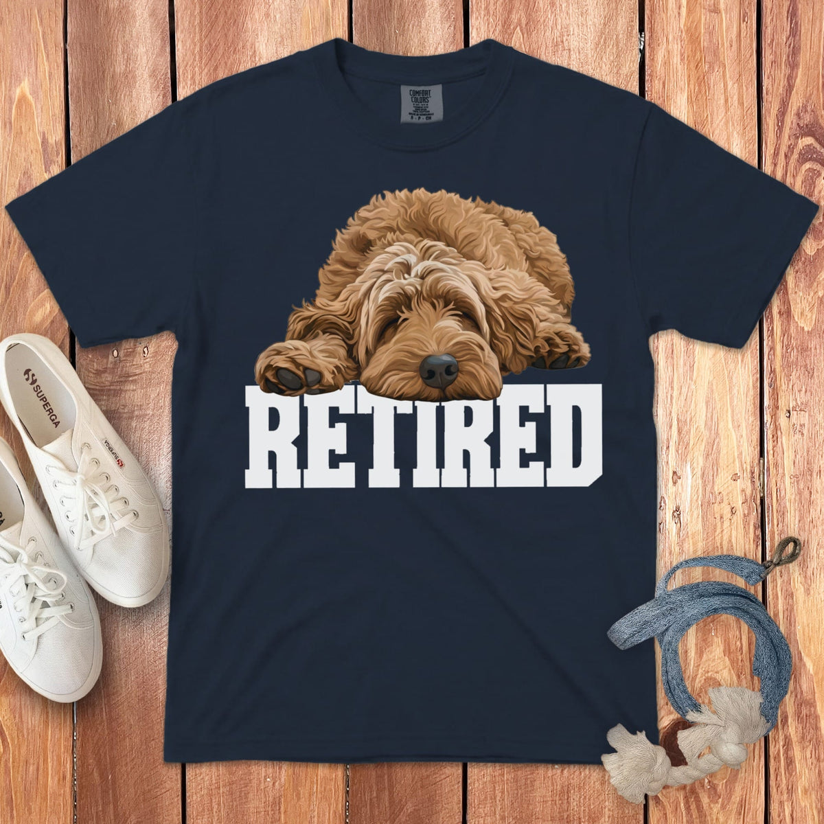 Retired Sleeping Apricot Goldendoodle Signature T-Shirt in Navy / S by Puppy Jo