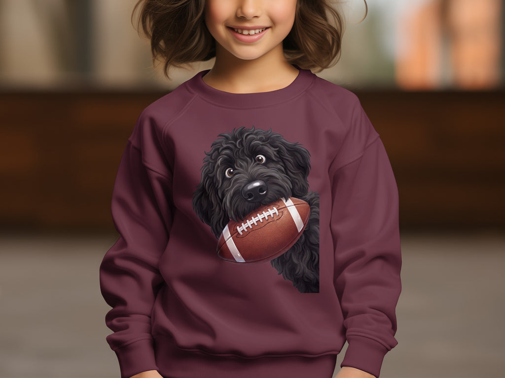 Burgundy sweatshirt with a black dog graphic holding a football.
