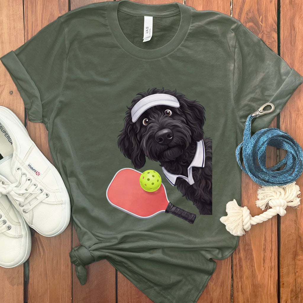Black Goldendoodle Pickleball Player T-Shirt in Military Green / S by Puppy Jo