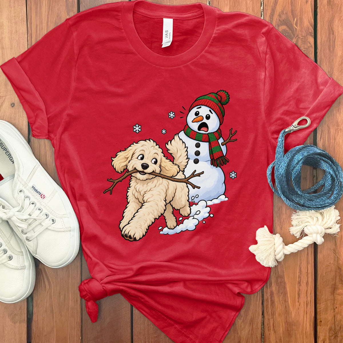 Cream Goldendoodle Snowman T-Shirt in Red / S by Puppy Jo