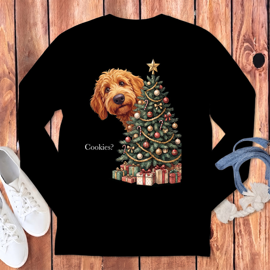 Fluffy dog peeking behind Christmas tree with gifts and text "Cookies?".