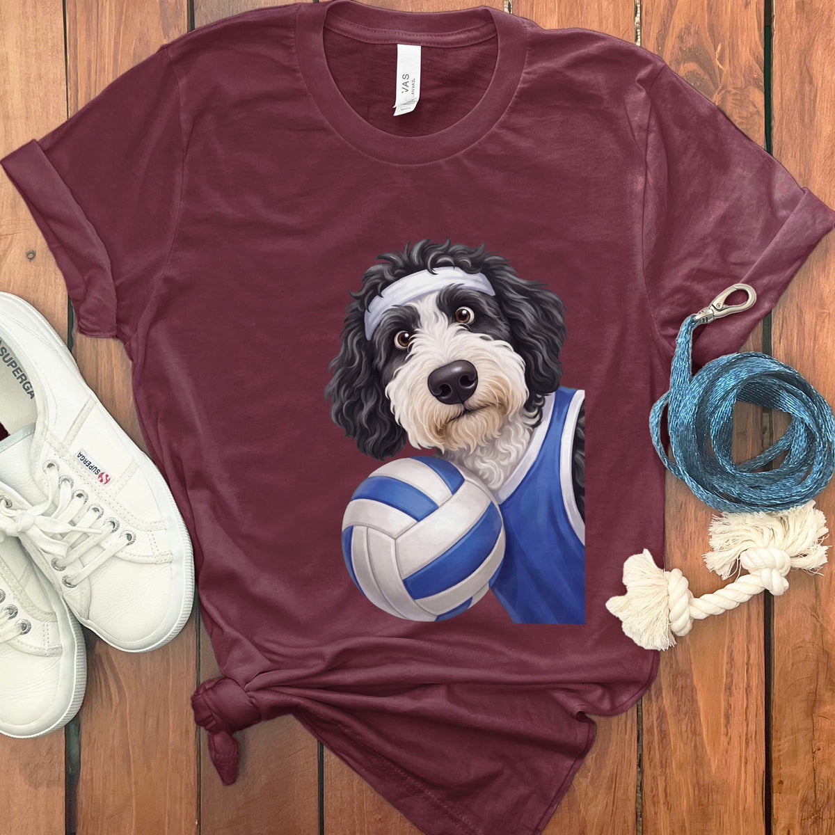 Sheepadoodle Volleyballl Player T-Shirt in Maroon / S by Puppy Jo