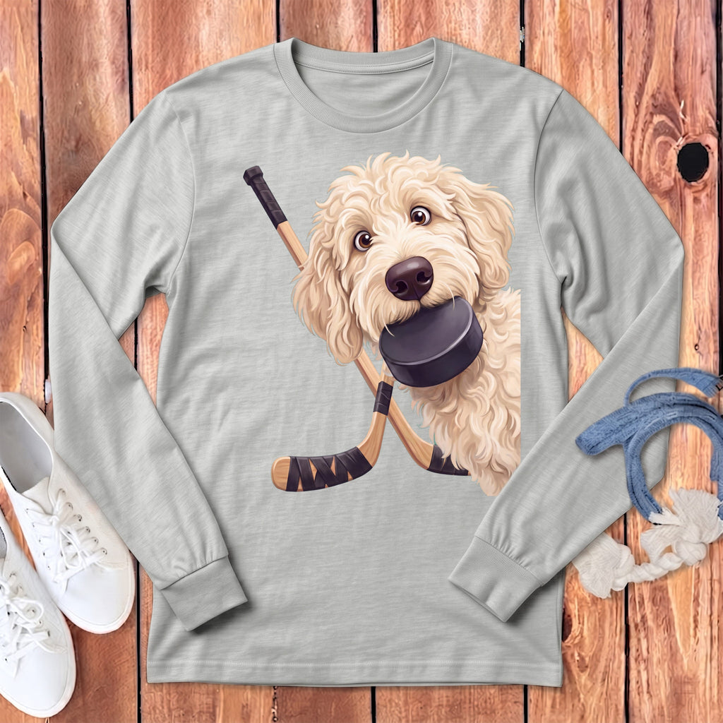 Cream Goldendoodle Hockey Long Sleeve T-Shirt in Athletic Heather / S by Puppy Jo