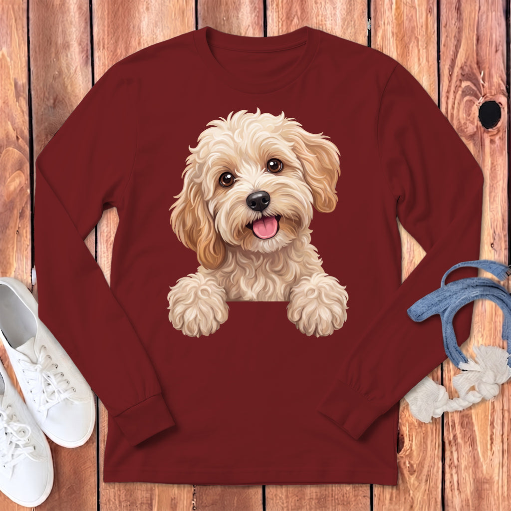 Maroon long-sleeve shirt with a cheerful fluffy light-colored dog graphic.